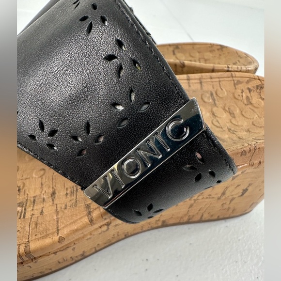 Vionic Anitra Black Leather Platform Wedge Sandals Cork Sole Comfort Orthotic 6 - Picture 9 of 11